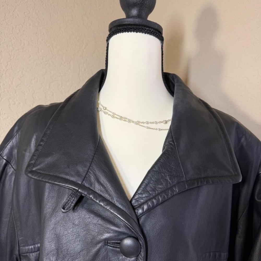 Donna Pelle Black Leather Coat Womens Medium Longline 100%‎ Leather 90s Classic - Picture 7 of 7